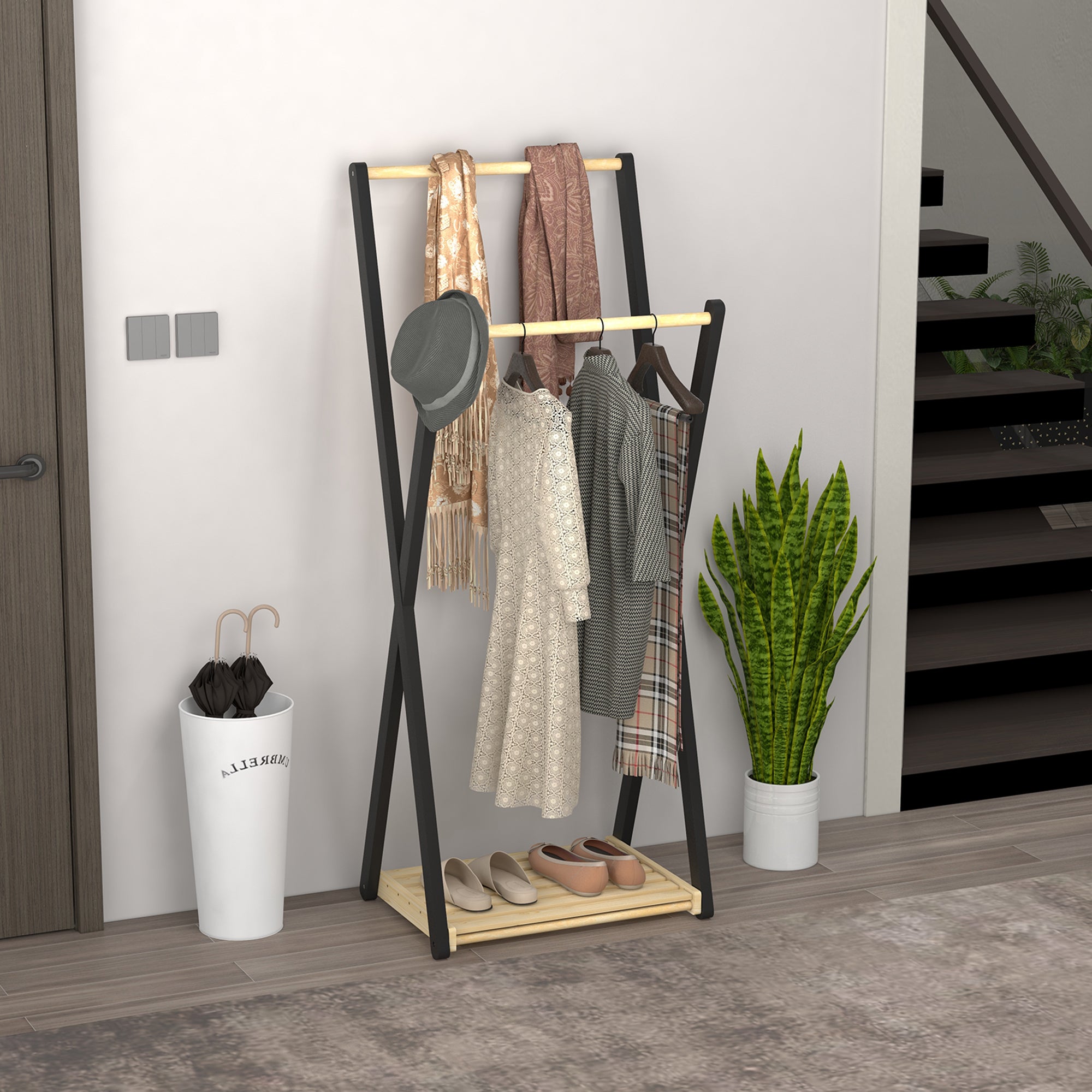HOMCOM Wooden Floor Coat Rack with 2 Bars and Lower Shelf Modern Design, 61x45x152cm - Borgè