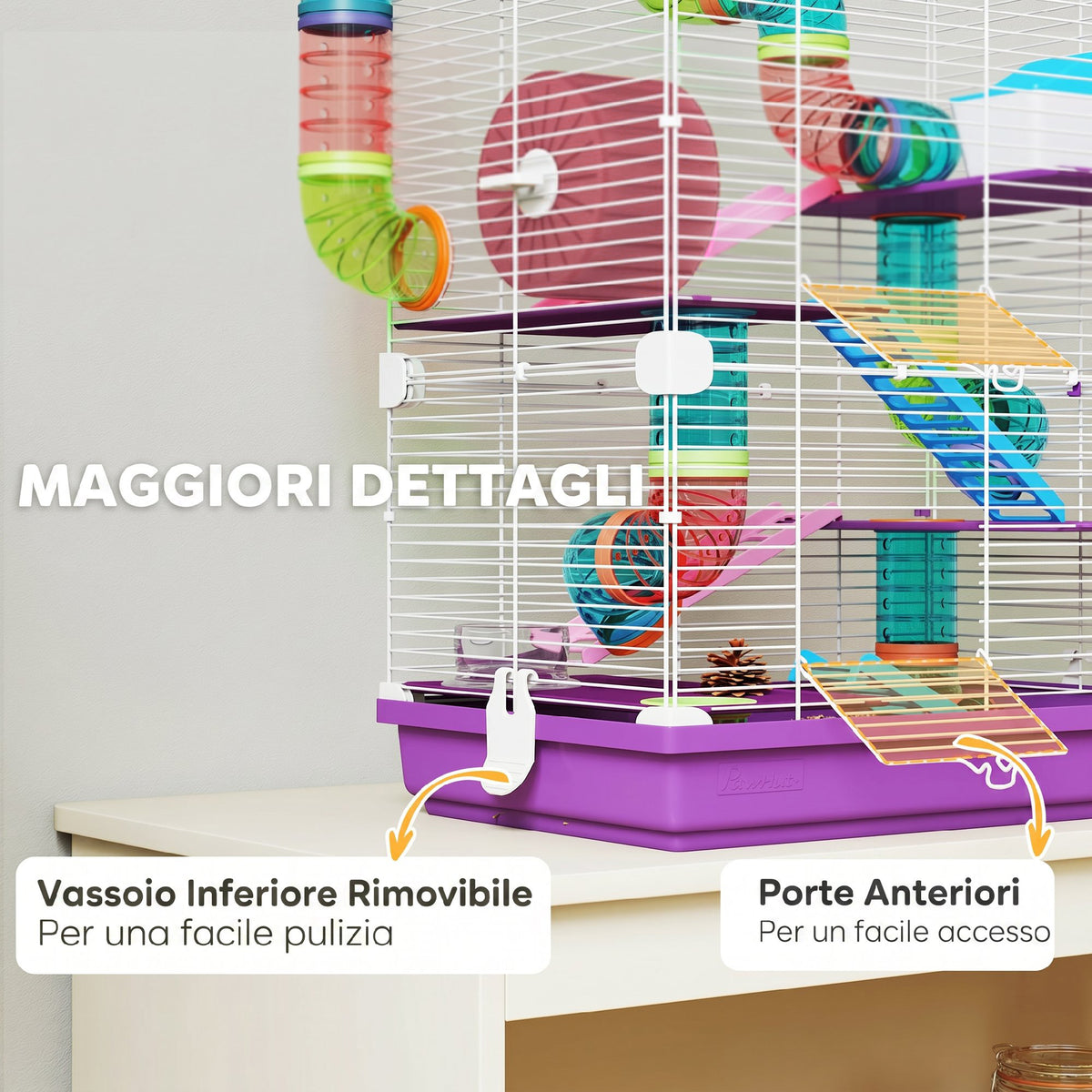 PawHut 5-Level Hamster Cage with Tubes, Wheel, Ladders, House and Bottle, 46x30x58 cm, Purple
