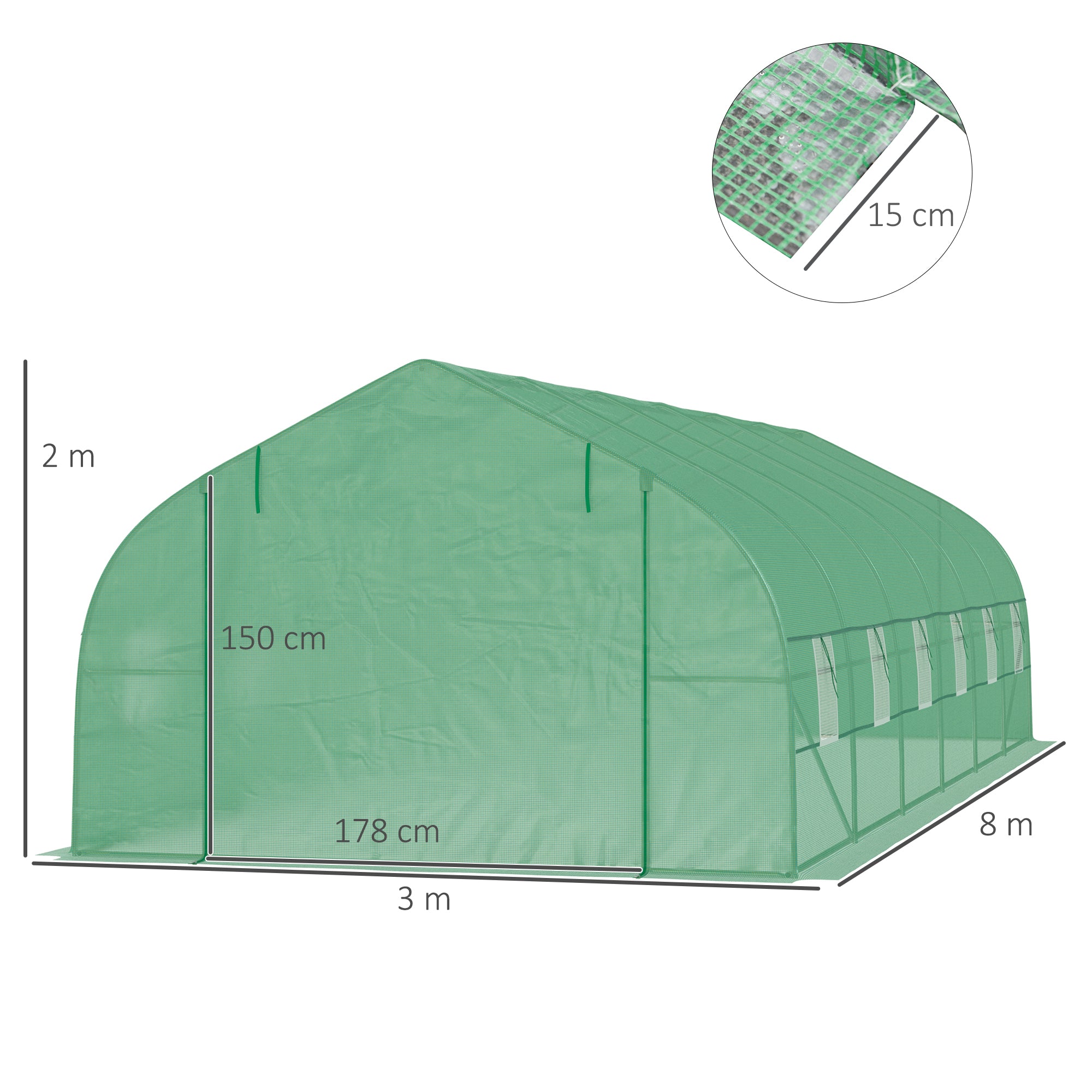 8x3x2m PE and Steel Tunnel Greenhouse with Roll-Up Door and Windows, Green