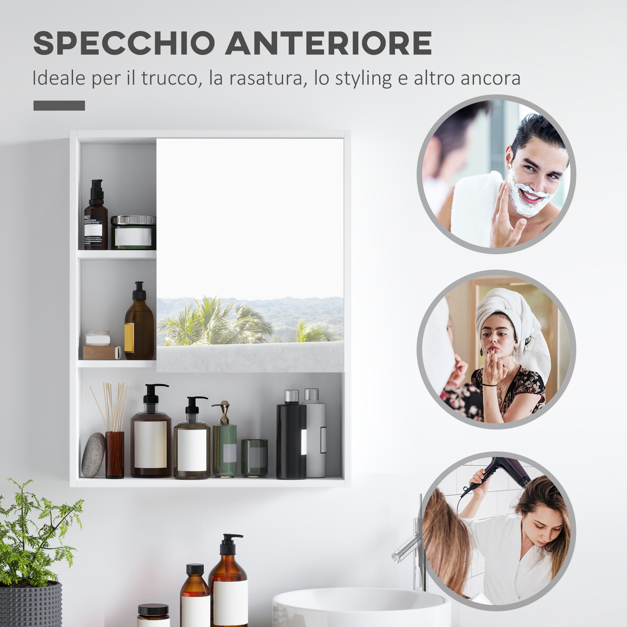 Bathroom Cabinet with Mirror, Shelves and Adjustable Shelf, Wall Mounted, 60x15x76cm, White