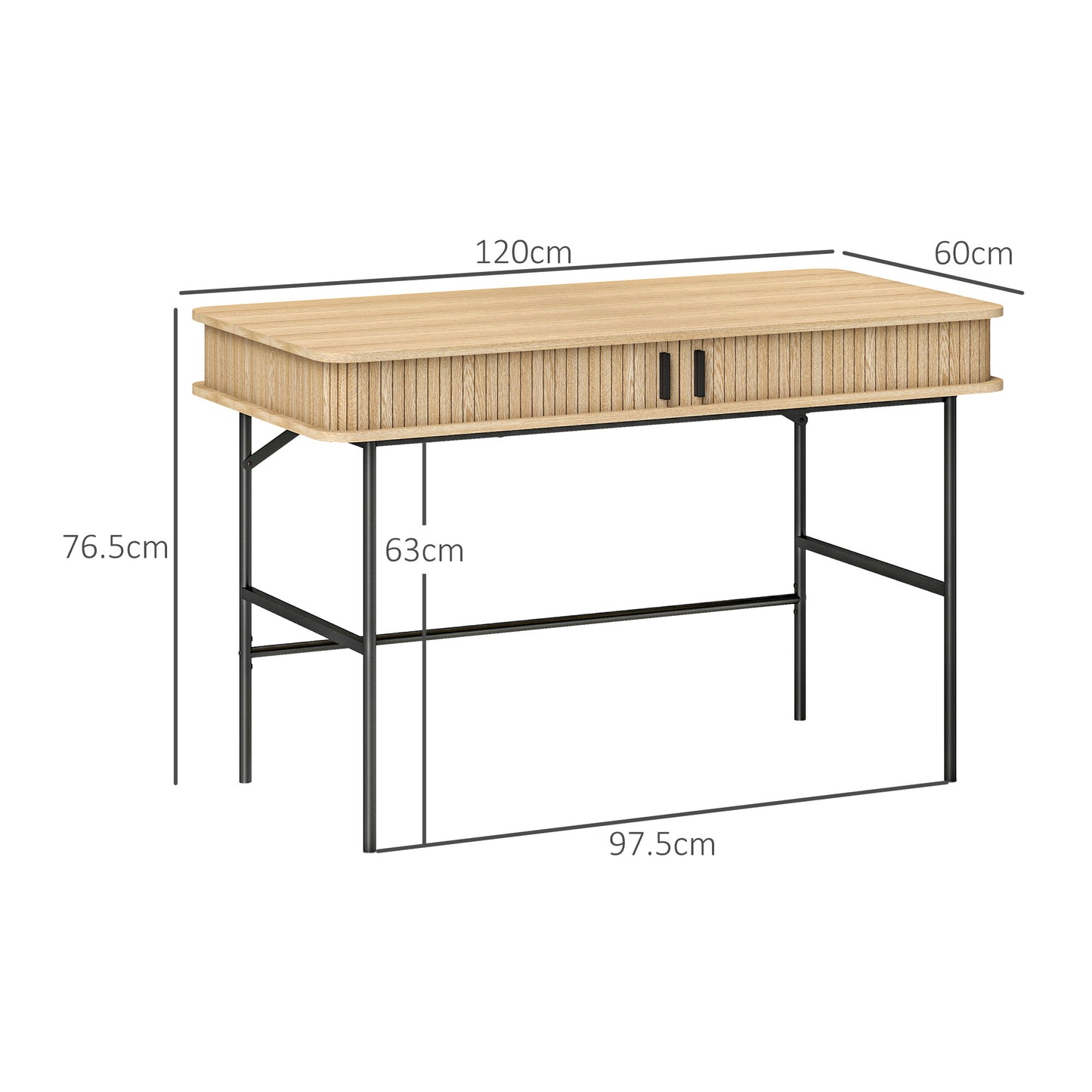 Bedroom and Office Desk with Fluted Doors, Wood and Steel 120x60x76.5cm, Oak and Black