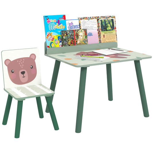 Children's Chair and Table Set with Storage Shelf, in MDF and Pine Wood, Green