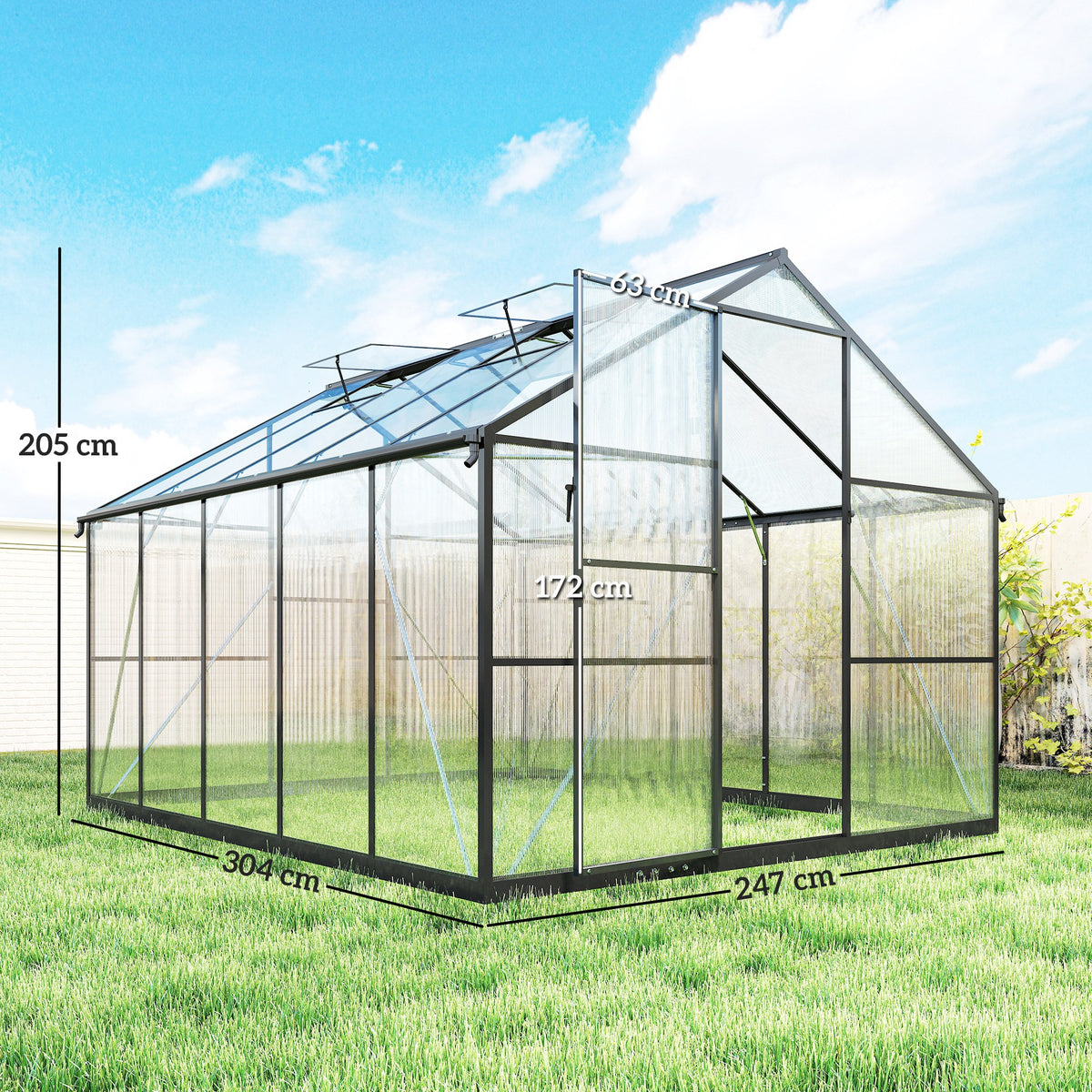 Outsunny PC and Aluminum Vegetable Garden Greenhouse with Hinged Door and 2 Adjustable Windows, 304x247x205 cm, Black