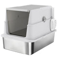 PawHut Stainless Steel Litter Box for Large Cats with Flip Lid, Scoop and Deodorizer, Light Grey
