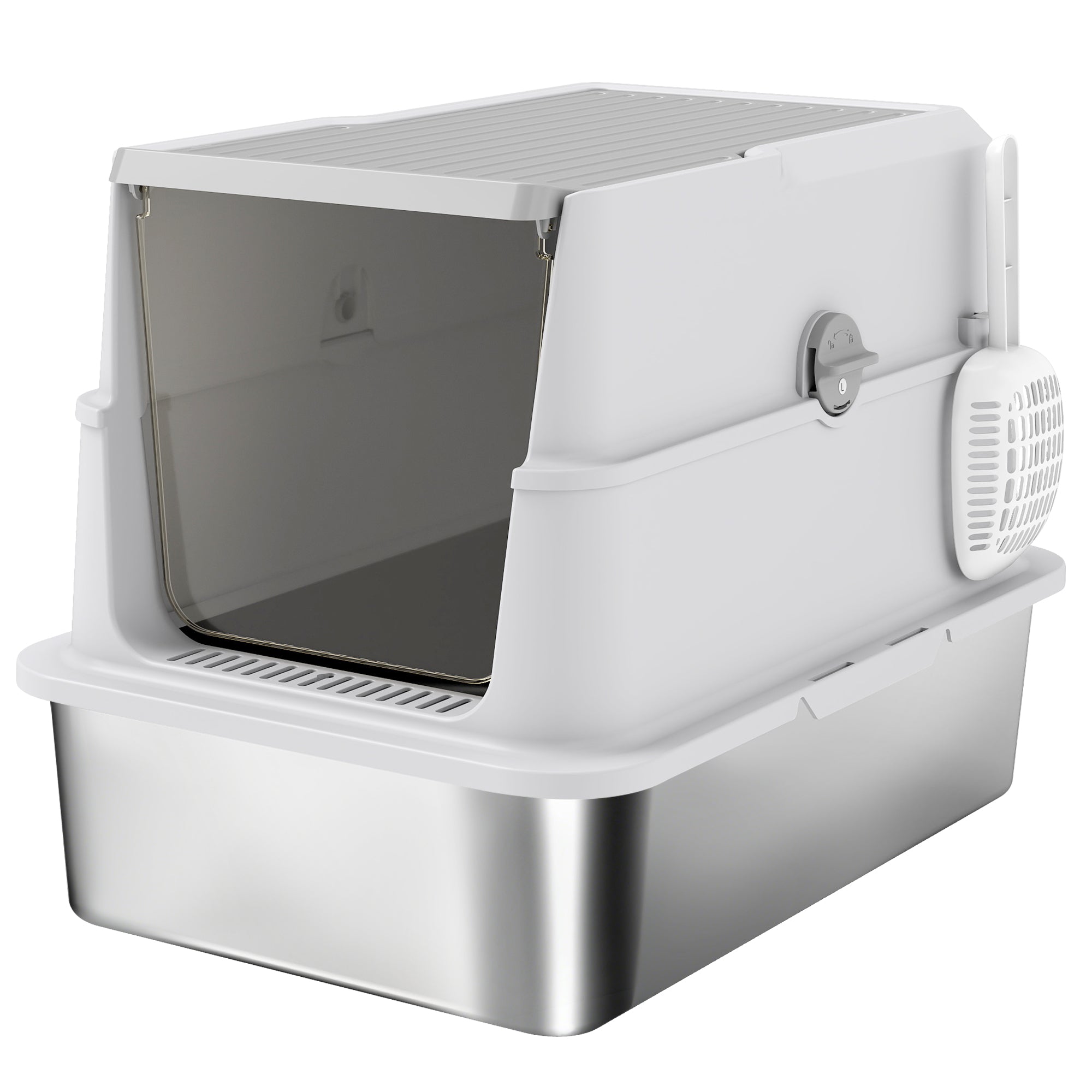 PawHut Stainless Steel Litter Box for Large Cats with Flip Lid, Scoop and Deodorizer, Light Grey