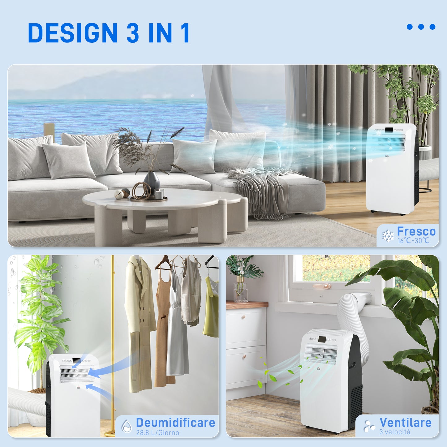 Portable Air Conditioner with Timer, 3 Modes and 3 Speeds, in ABS Plastic, 44.3x34x81.5 cm, White