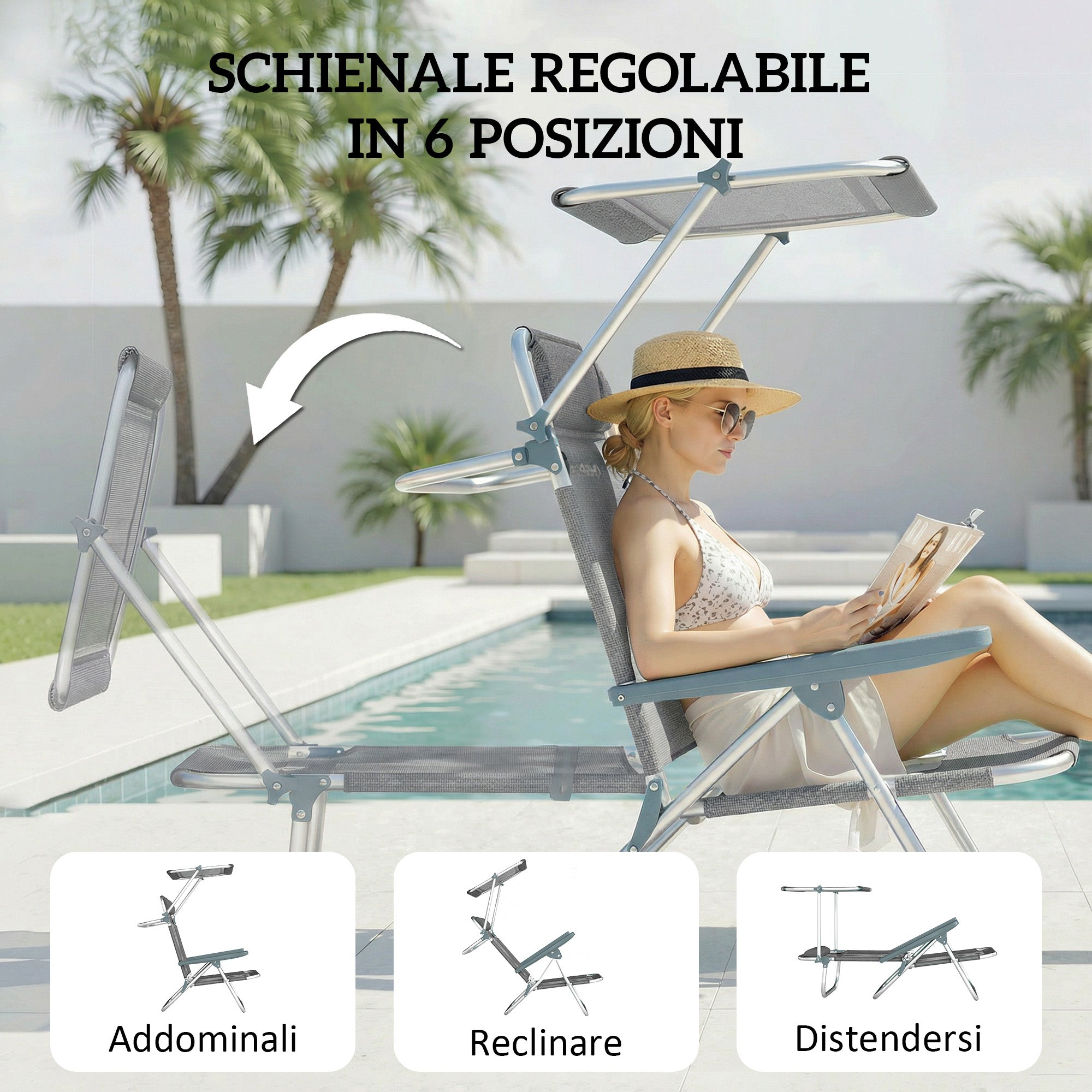 Outsunny 6-Level Reclining Deck Chair with Adjustable Canopy and Headrest, Aluminum and Mesh, 62x68x79, Gray