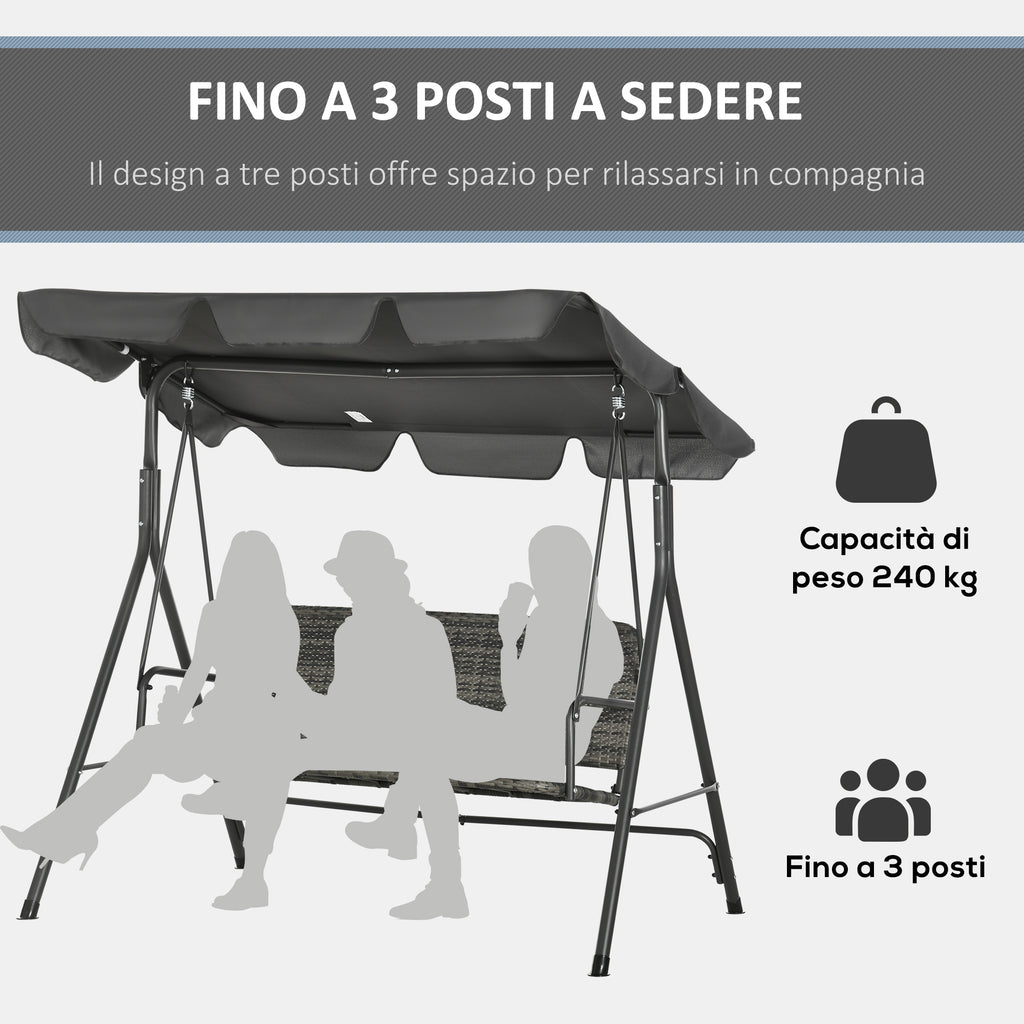 3 Seater Garden Swing with Adjustable Canopy in PE Rattan, 167x112x153cm, Dark Grey