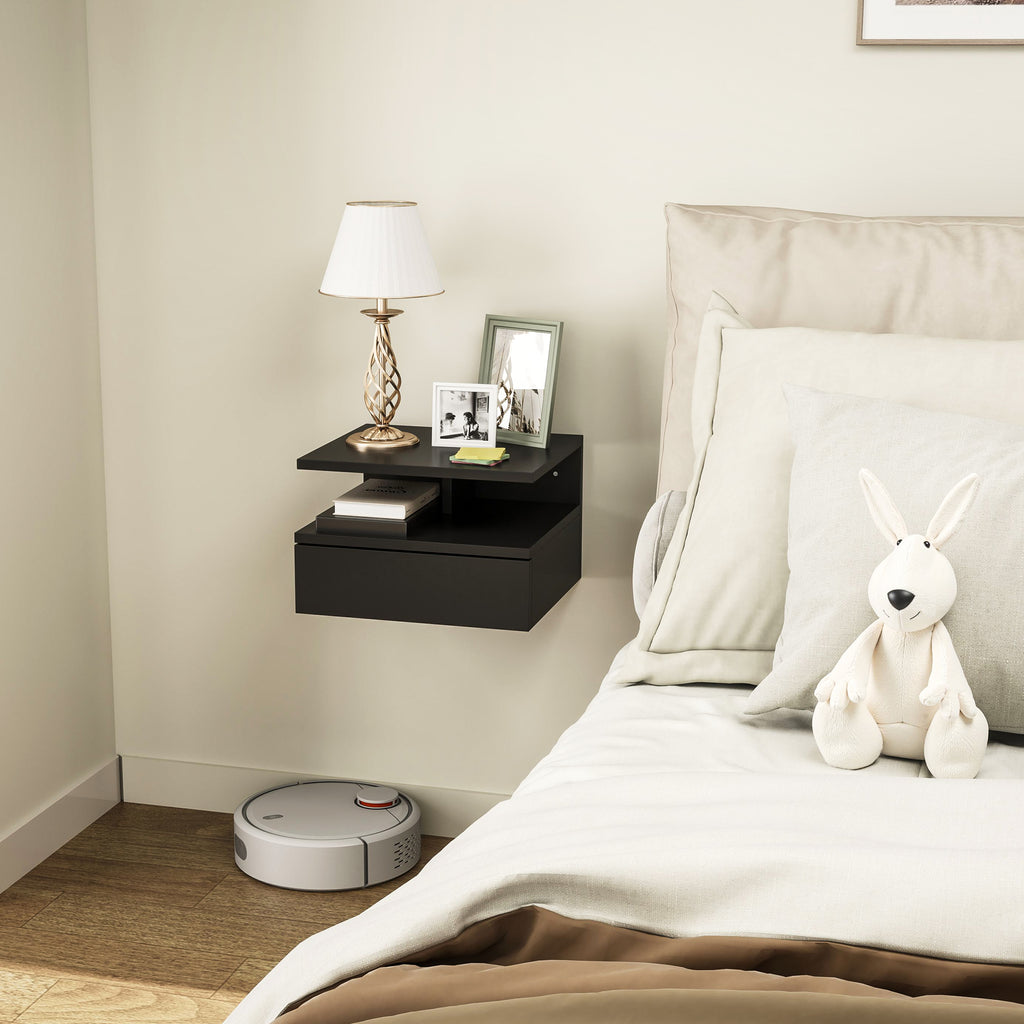 Floating Nightstand for Bedroom with Drawer and Wooden Shelf, 35x32x22.5cm, Black