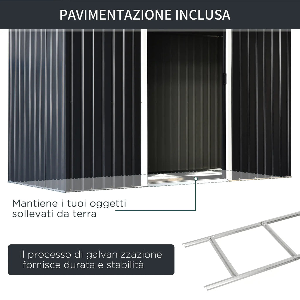 Garden Shed Tool Shed in Steel Sheet with Sliding Doors, 280x130x172cm, Grey-Black - Borge' Group Limited