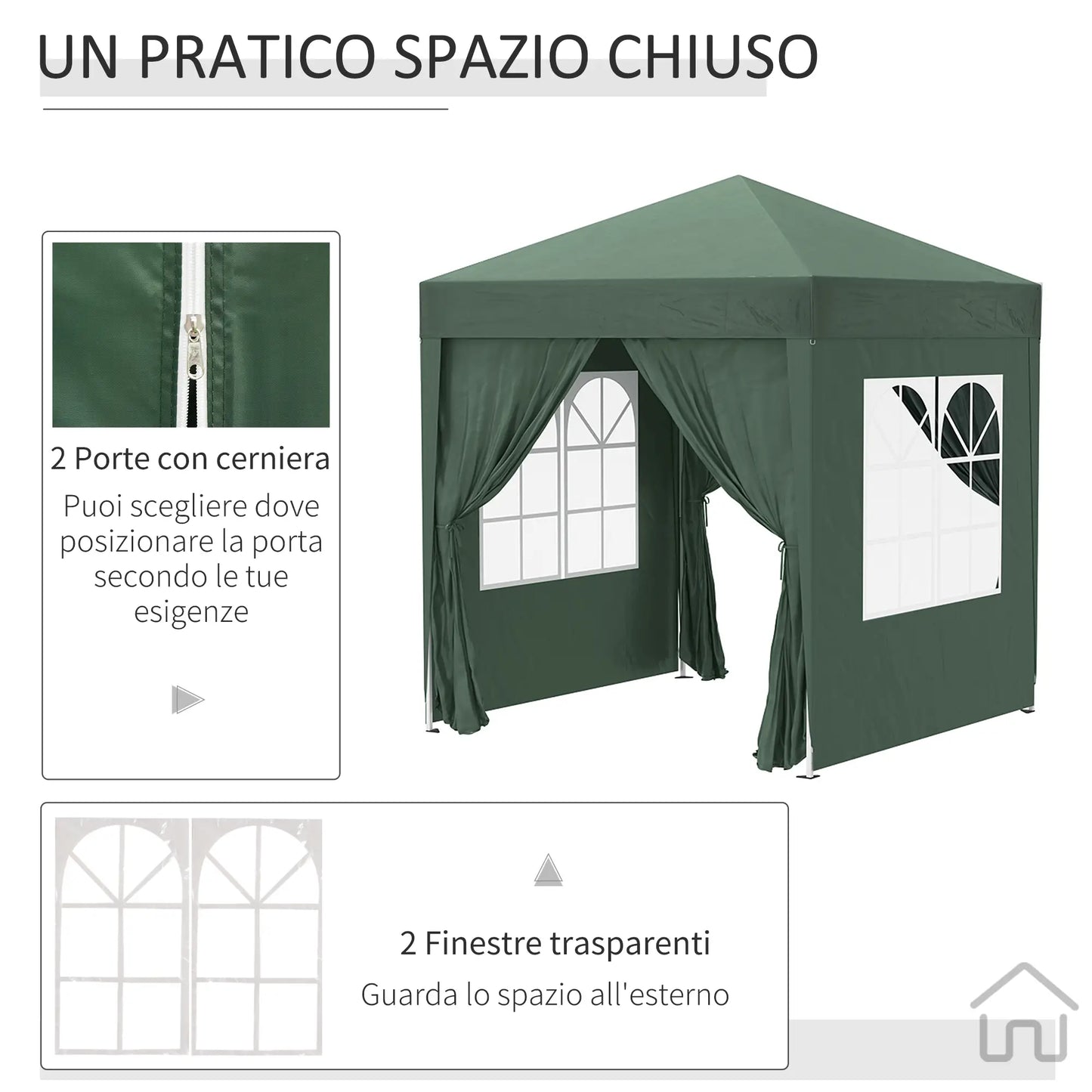 Gazebo 2x2 m Folding with 4 Removable Walls and Carry Bag, in Metal and Polyester, Green