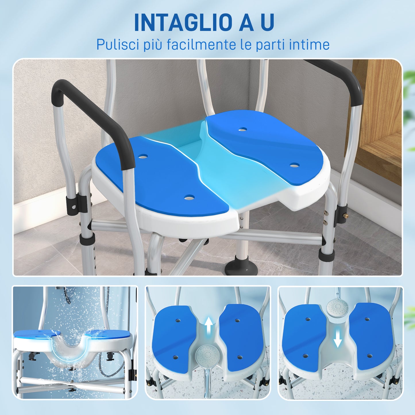 Shower Chair with Grooved Seat, Height Adjustable and Non-Slip Feet, Blue