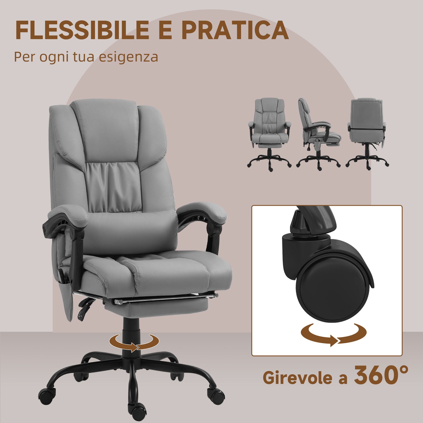 Massage and Recliner Chair with Footrest, in Faux Leather and Steel, 66x75x112-122 cm, Grey