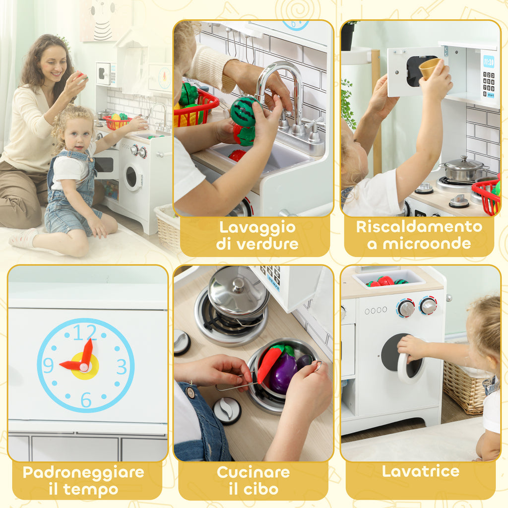 Wooden Toy Kitchen for Children Ages 3-6 with Accessory Set, Sink and Knobs with Sounds, White