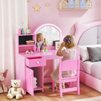 AIYAPLAY 2-in-1 Kids Dressing Table Set with Mirror, Chair, LED Light, Cabinet, Shelves and Bookcase, Pink