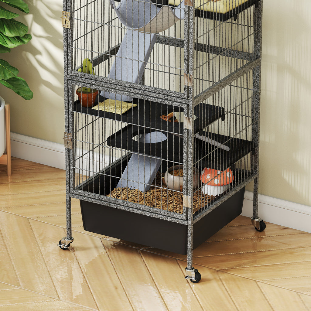 4 Level Small Animal Cage with Ramps, Platforms, Hammock and Wheels, 52x52x115 cm, Grey