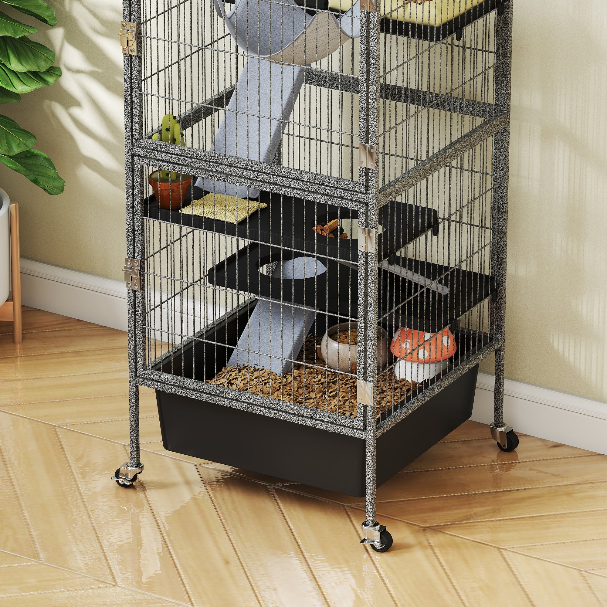 4 Level Small Animal Cage with Ramps, Platforms, Hammock and Wheels, 52x52x115 cm, Grey