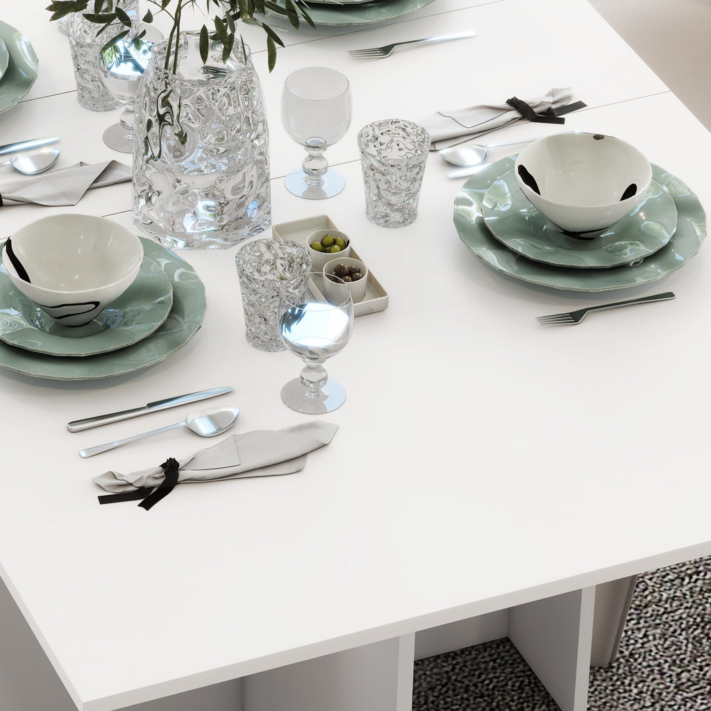 Space-Saving Folding Table with 2 Flaps for 6 People with Shelves and Wheels, White