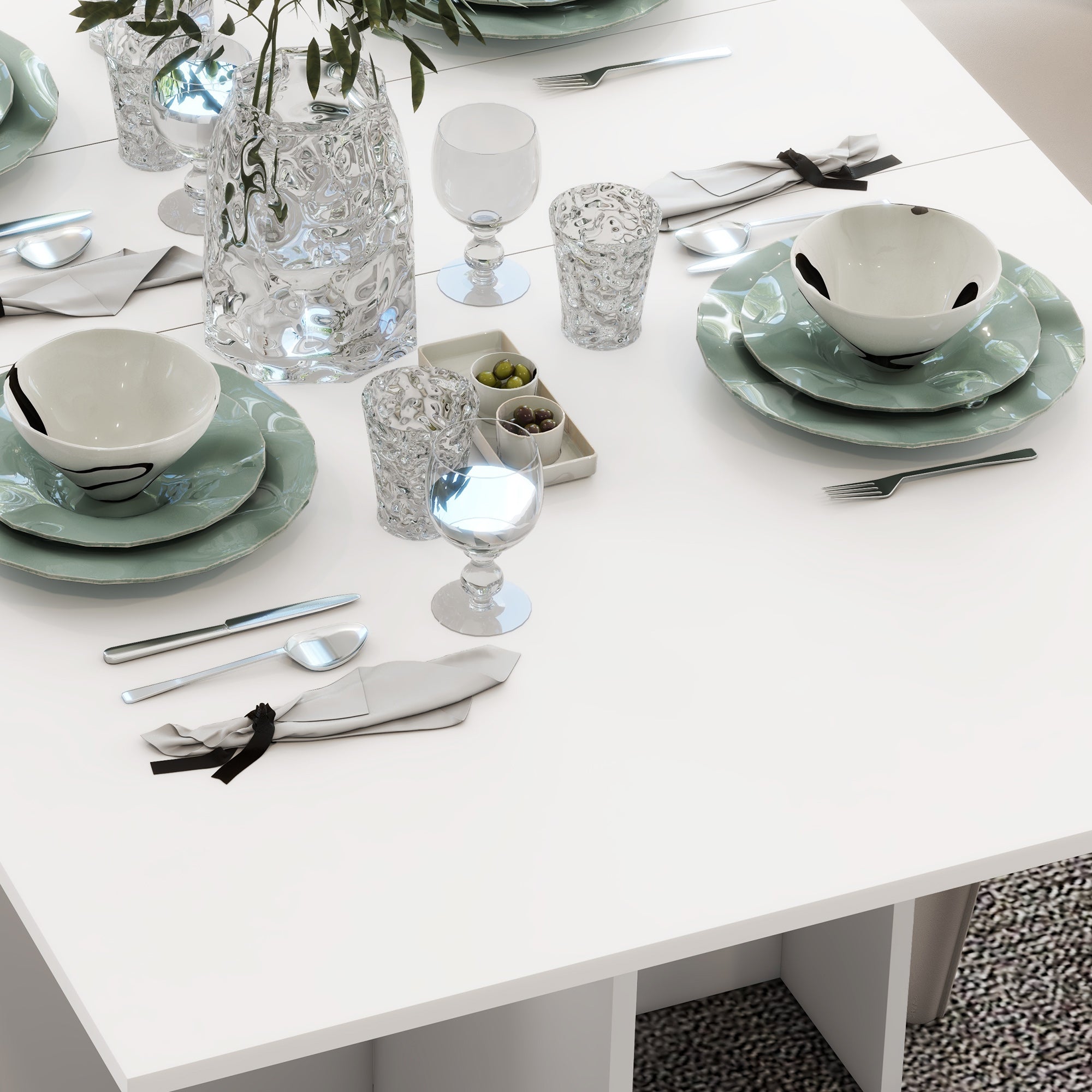 Space-Saving Folding Table with 2 Flaps for 6 People with Shelves and Wheels, White