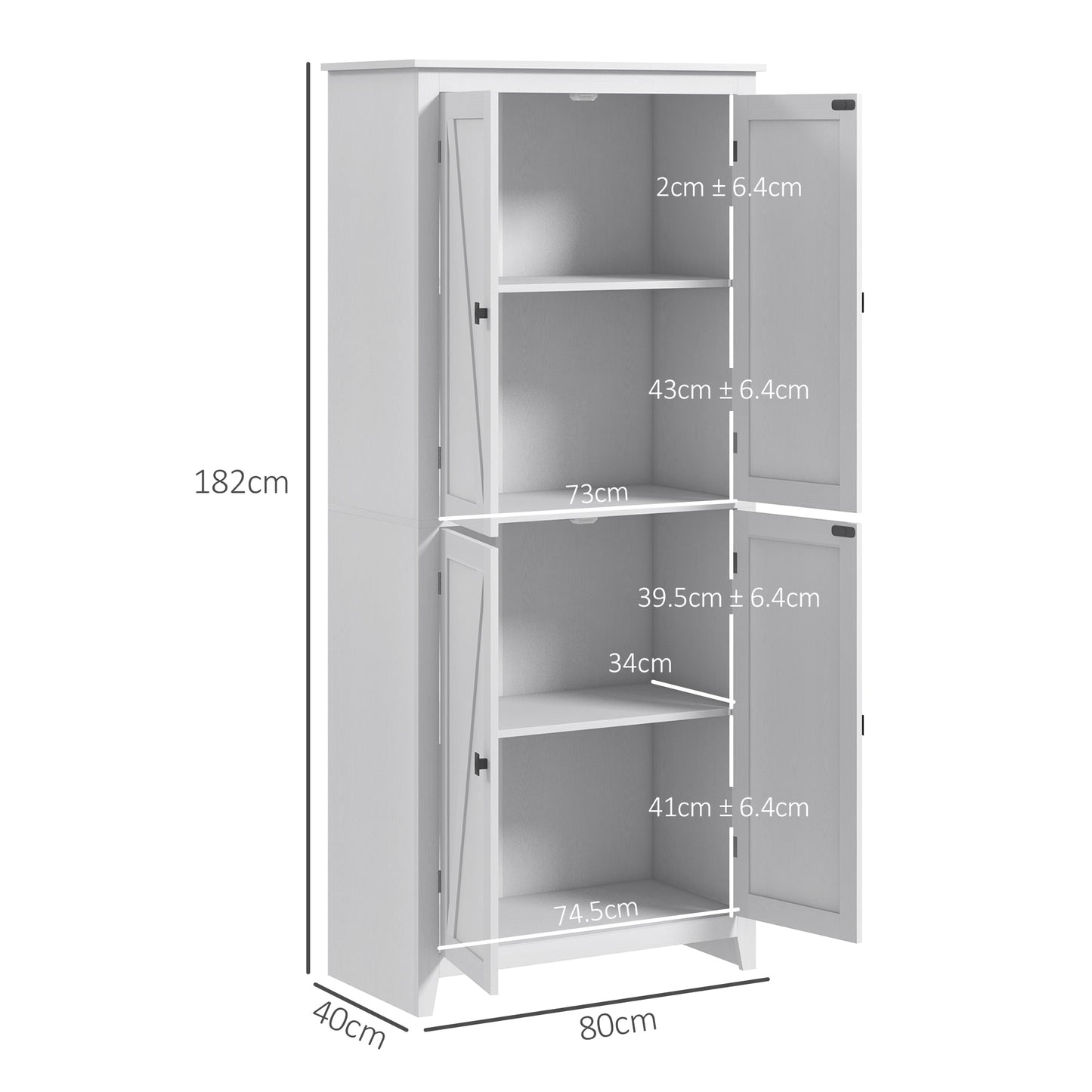 4-Door Kitchen Cabinet with Adjustable Shelves and Raised Wooden Base, 80x40x182cm, White