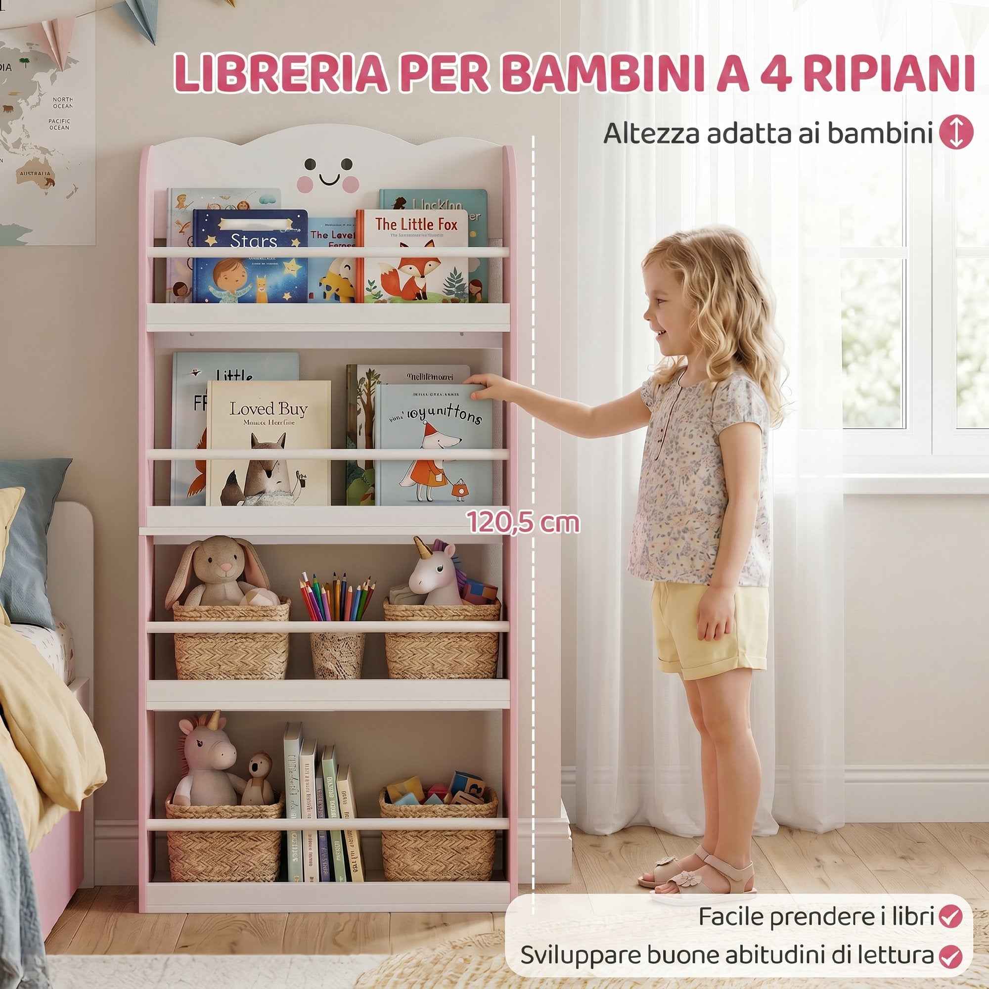 AIYAPLAY Montessori Bookshelf for Children Ages 3-6 with Cotton Candy Theme, 4 Wooden Shelves, for Children's Bedroom, Pink