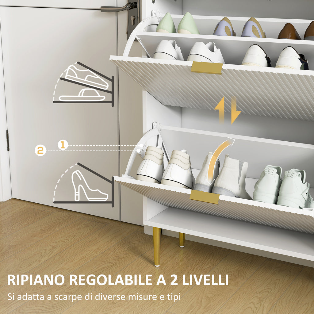 Slim Shoe Rack for 12 Pairs of Shoes with 2 Drop-Down Drawers and Adjustable Shelves, 60x24x91.5 cm, White