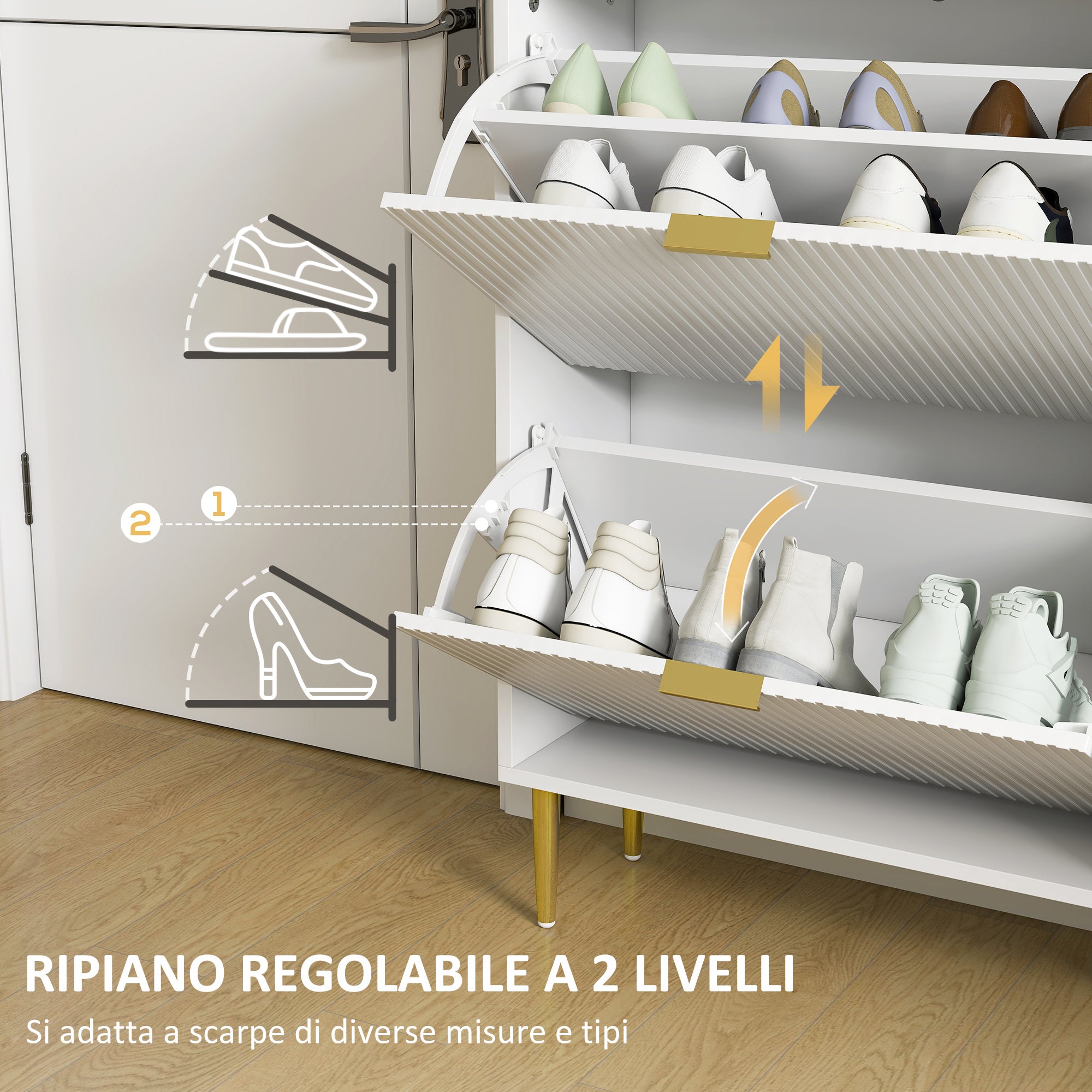 Slim Shoe Rack for 12 Pairs of Shoes with 2 Drop-Down Drawers and Adjustable Shelves, 60x24x91.5 cm, White