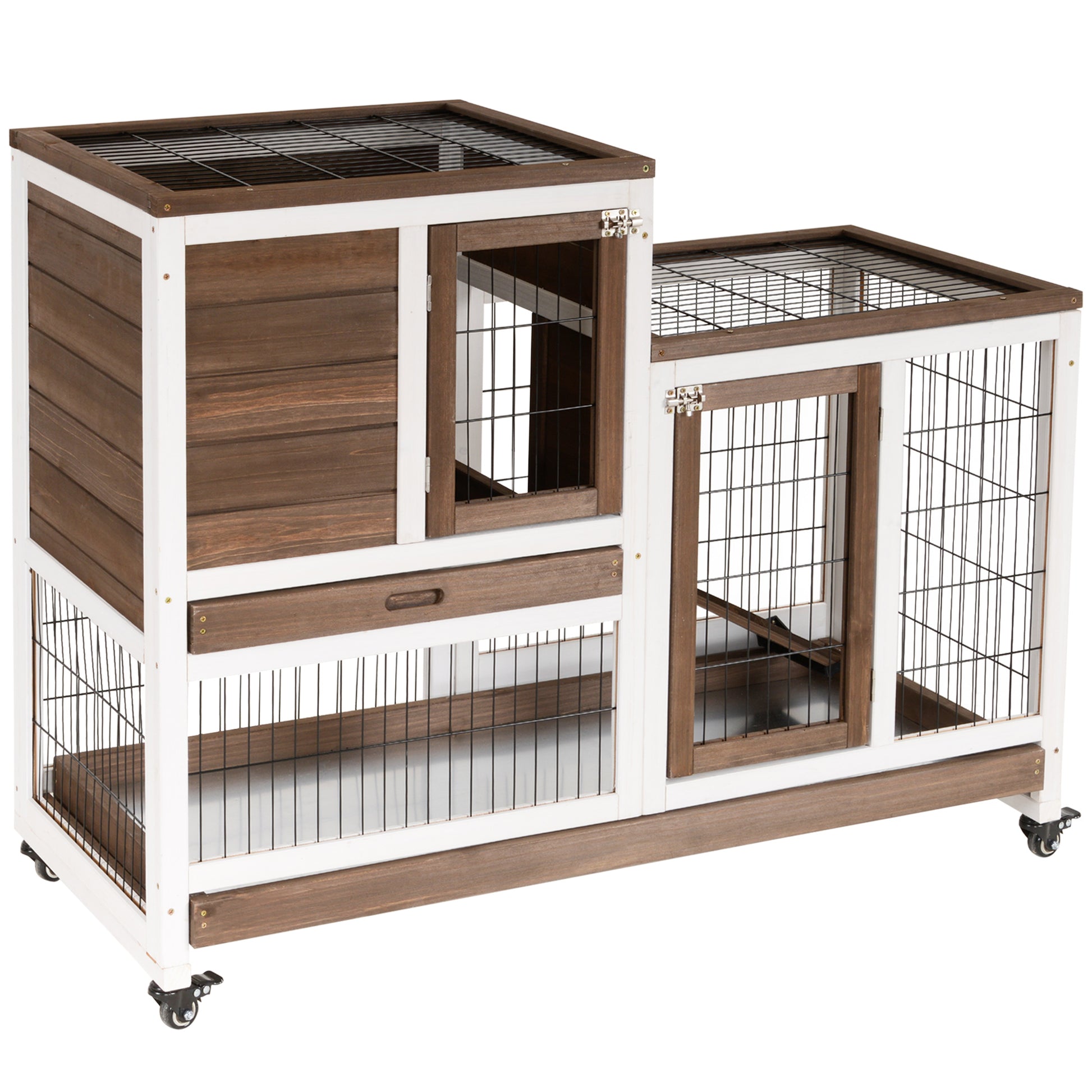 PawHut Wooden Hutch with Wheels, Removable Trays and House, 110x50x86cm, Brown and White - Borgè