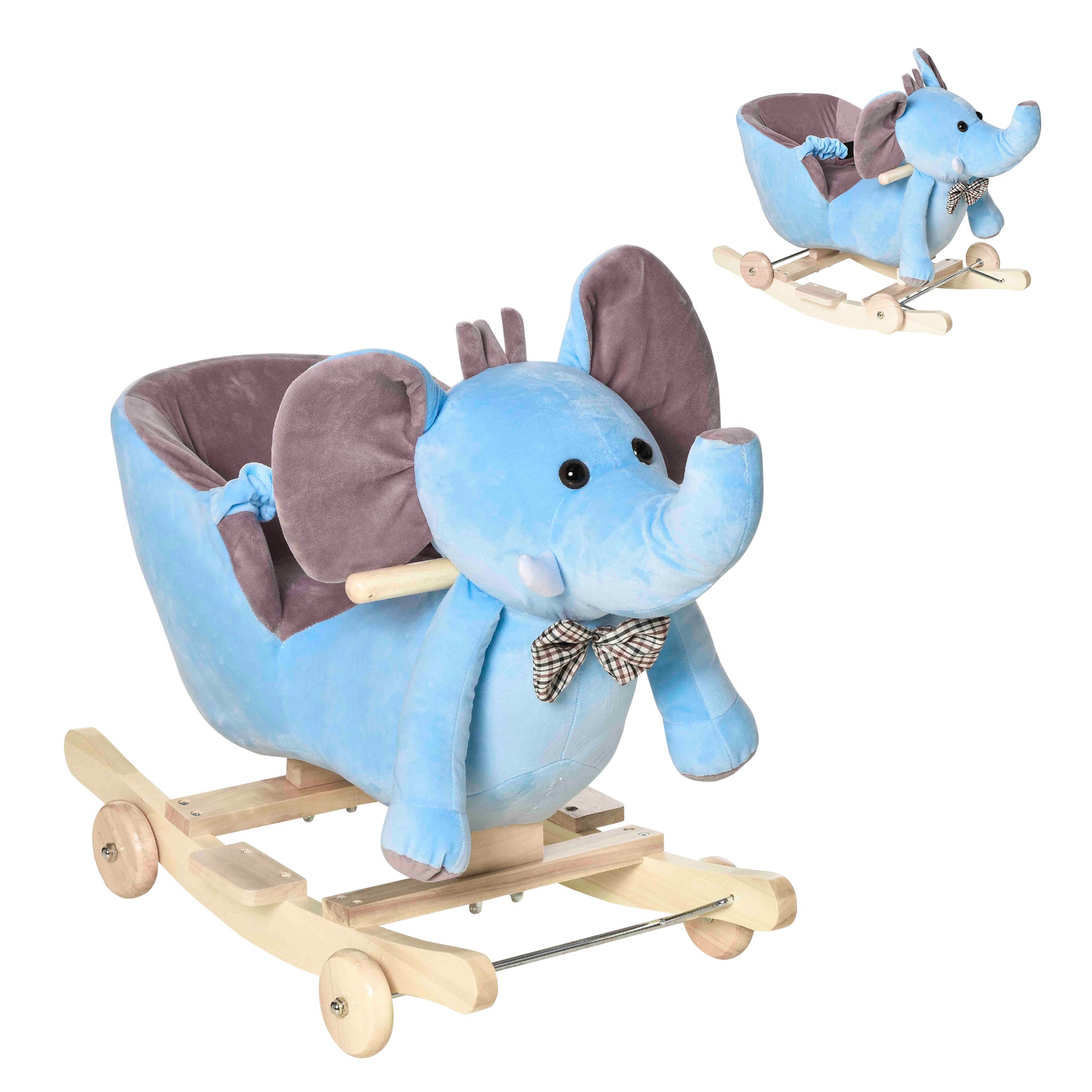 Elephant Rocking Animal with Wheels and Belt, Plush, Wood and Steel, 60x35x45 cm, Blue