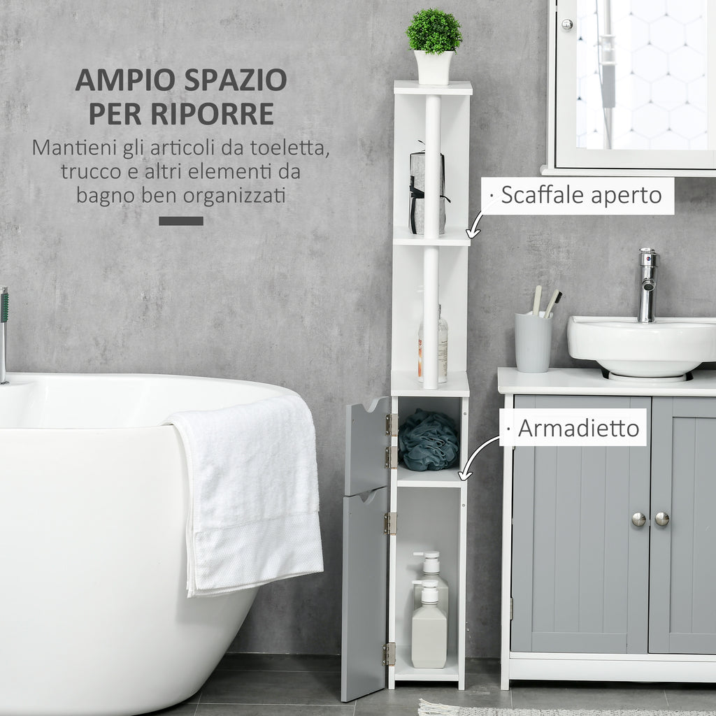 kleankin Bathroom Column with 2 Shelves and 2 Cabinets, Wooden, 15.2x29.8x118 cm, White and Grey