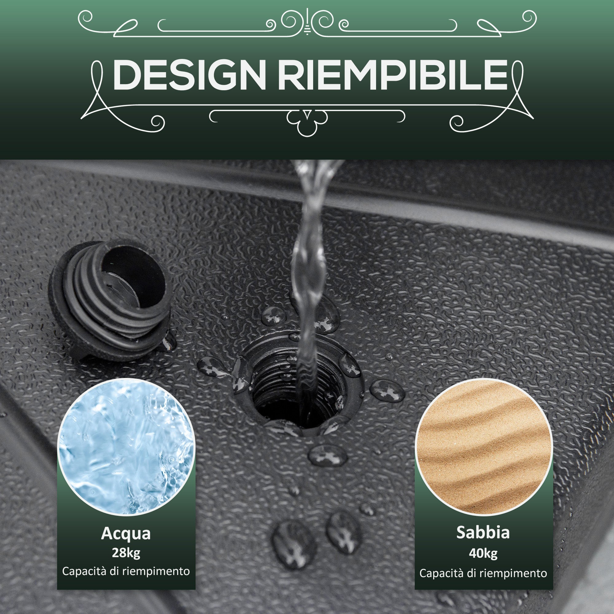 Plastic Umbrella Base Fillable with Water and Sand 28-40 kg, for 38-48 mm Poles, Ø60 cm, Black