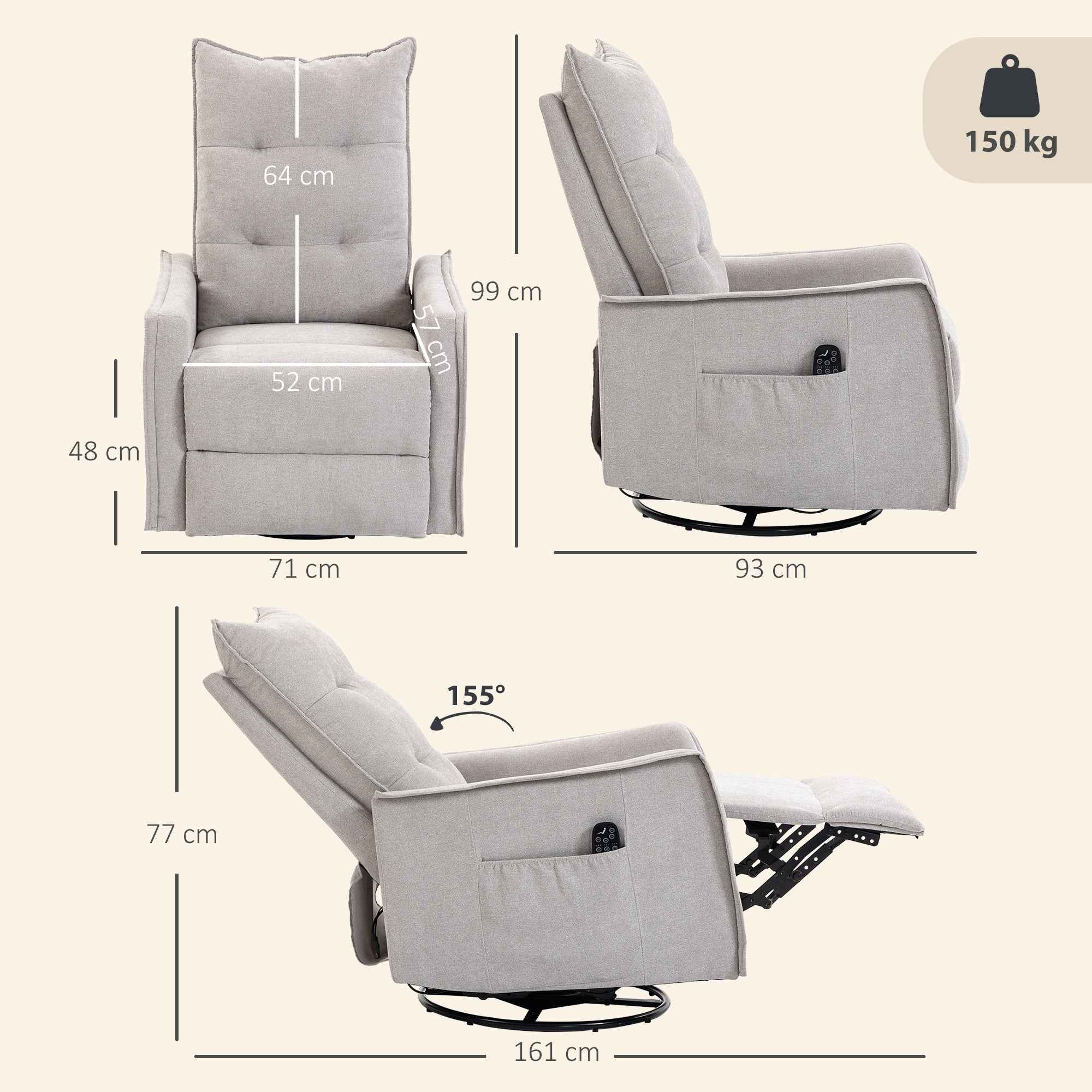 HOMCOM Relaxing Massage and Reclining Chair with Remote Control and Footrest, 71x93x99 cm, in Light Grey Chenille