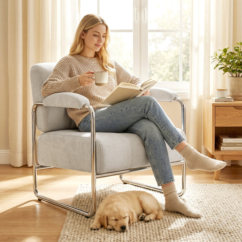 Soft Chenille Living Room Armchair and Bedroom Chair, Beige