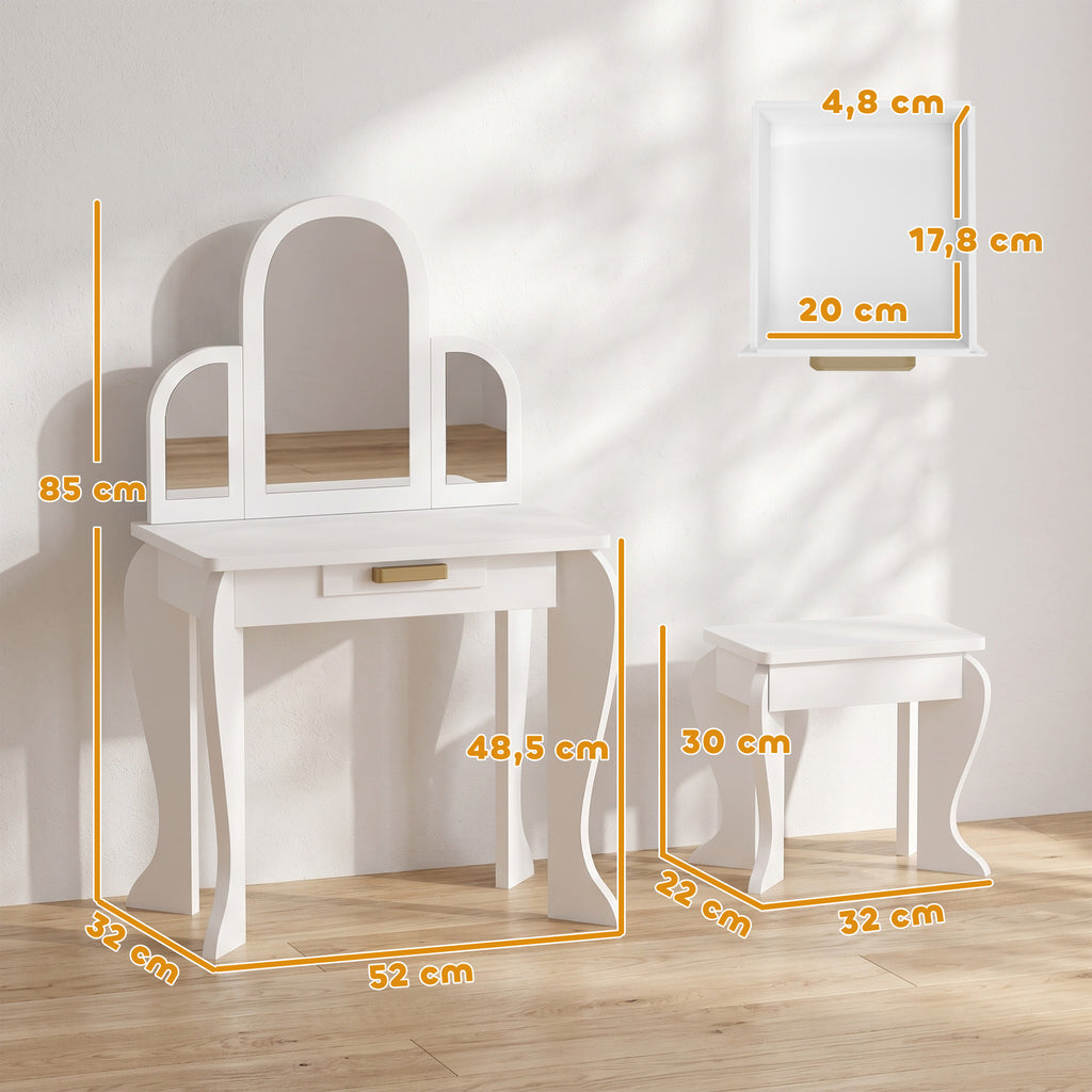 HOMCOM Girls' Dressing Table with Stool, Drawers, and Matching Mirror, White Acrylic, Ages 3-6