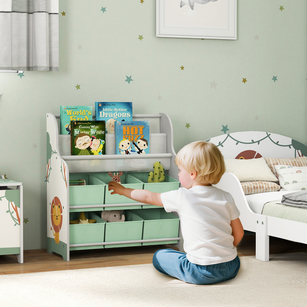Toy Storage Shelf with 6 Fabric Drawers and 2-Tier Bookcase, Wood and Steel, 63x30x71 cm, Green