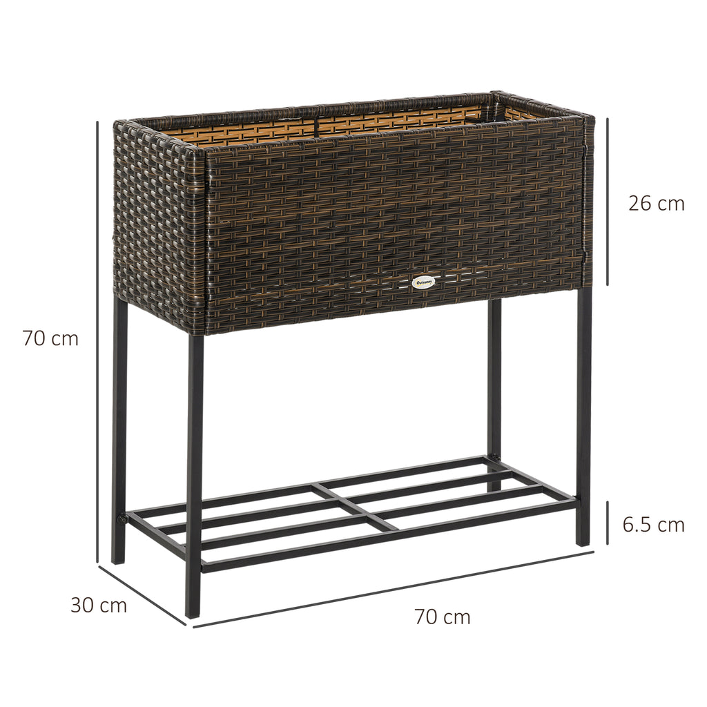Outsunny Raised Garden Bed, Wicker-Effect Planter with Shelf, Raised Garden Bed for Indoor and Outdoor Use, Brown (70cm x 30cm x 70cm)