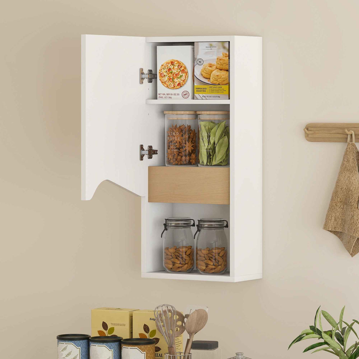 HOMCOM Bathroom Wall Cabinet with Open Shelf and Adjustable Shelf, Wooden, 30x17x67 cm, White and Wood Color
