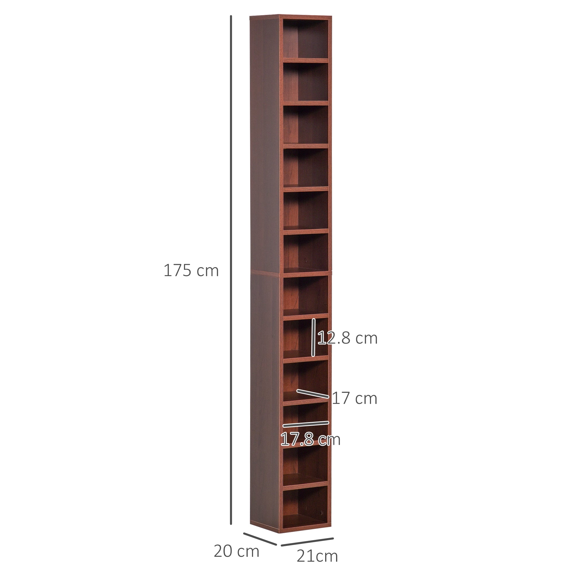 12-Tier CD Rack for 204 CDs, Bookcase for CDs, Video Games, Blu-ray Discs in MDF and Chipboard, 21x20x175 cm, Brown