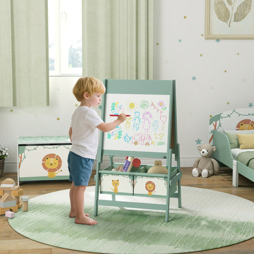 3-in-1 Children's Blackboard with Easel, Paper Roll and 2 Baskets, Wooden, 54x46x94 cm, Green