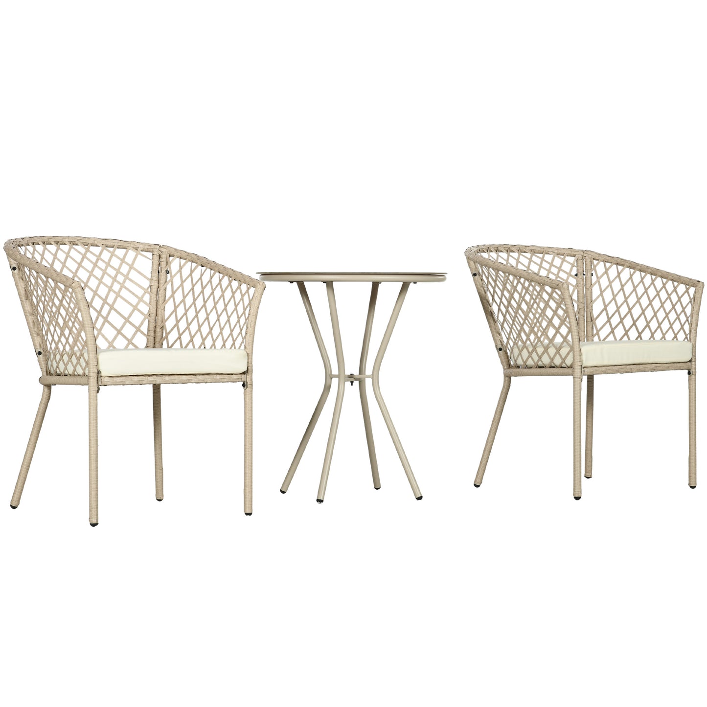 Outsunny Garden set in Rattan with 2 armchairs with cushions and glass coffee table, khaki - Borgè