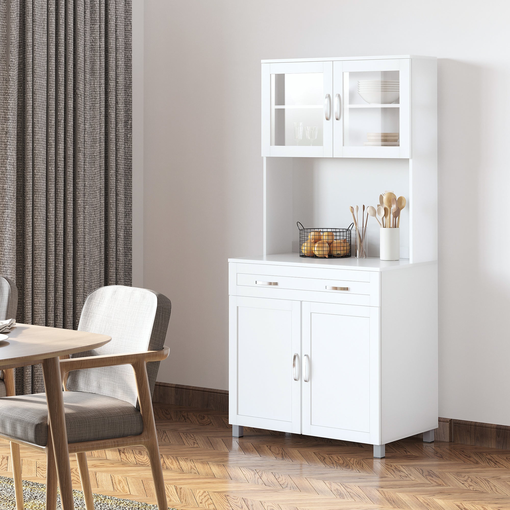 Modern Kitchen Cabinet with 2 Cabinets, Glass Doors and Adjustable Shelves, 80x48x170 cm, White