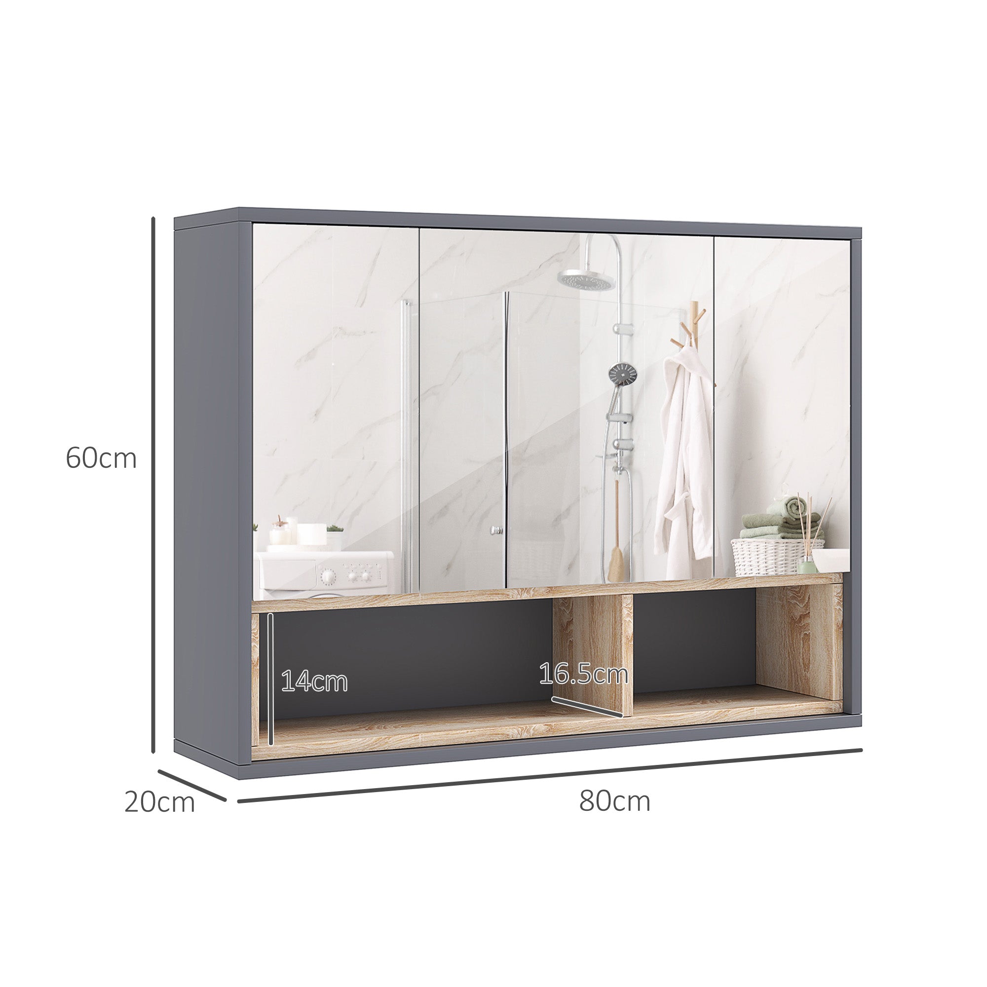 Bathroom Mirror 3-Door with 8-Compartment Cabinet and Soft-Cushioned Doors, 80x20x60 cm, Grey
