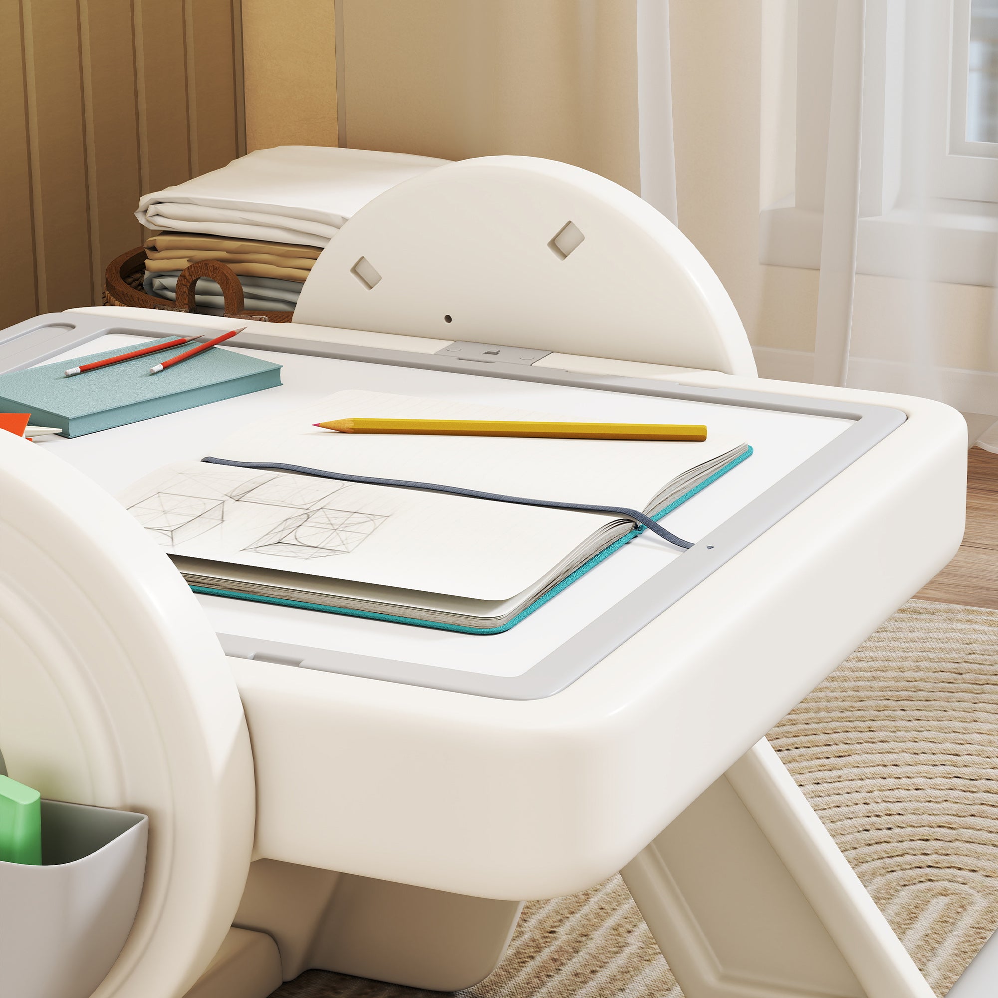 Multipurpose Children's Table with Storage Shelf and Drawers, in HDPE and PP, Grey and White