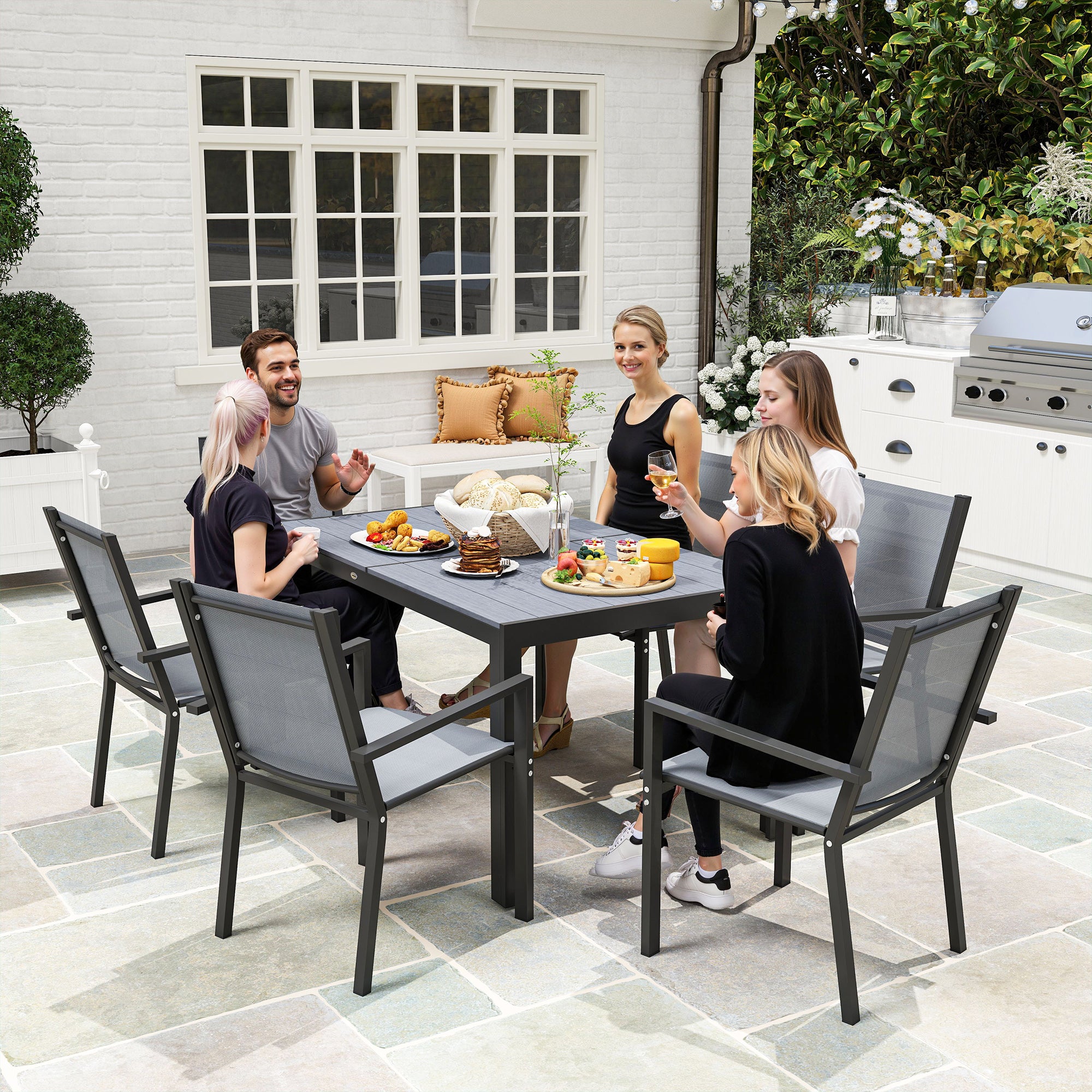 Outsunny Garden Set with 6 Stackable Chairs and Rectangular Dining Table, Light Grey