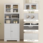 Kitchen Sideboard with 2 Cabinets and 3 Open Compartments, Glass Doors and Adjustable Shelves, 60x30x145.5 cm, White