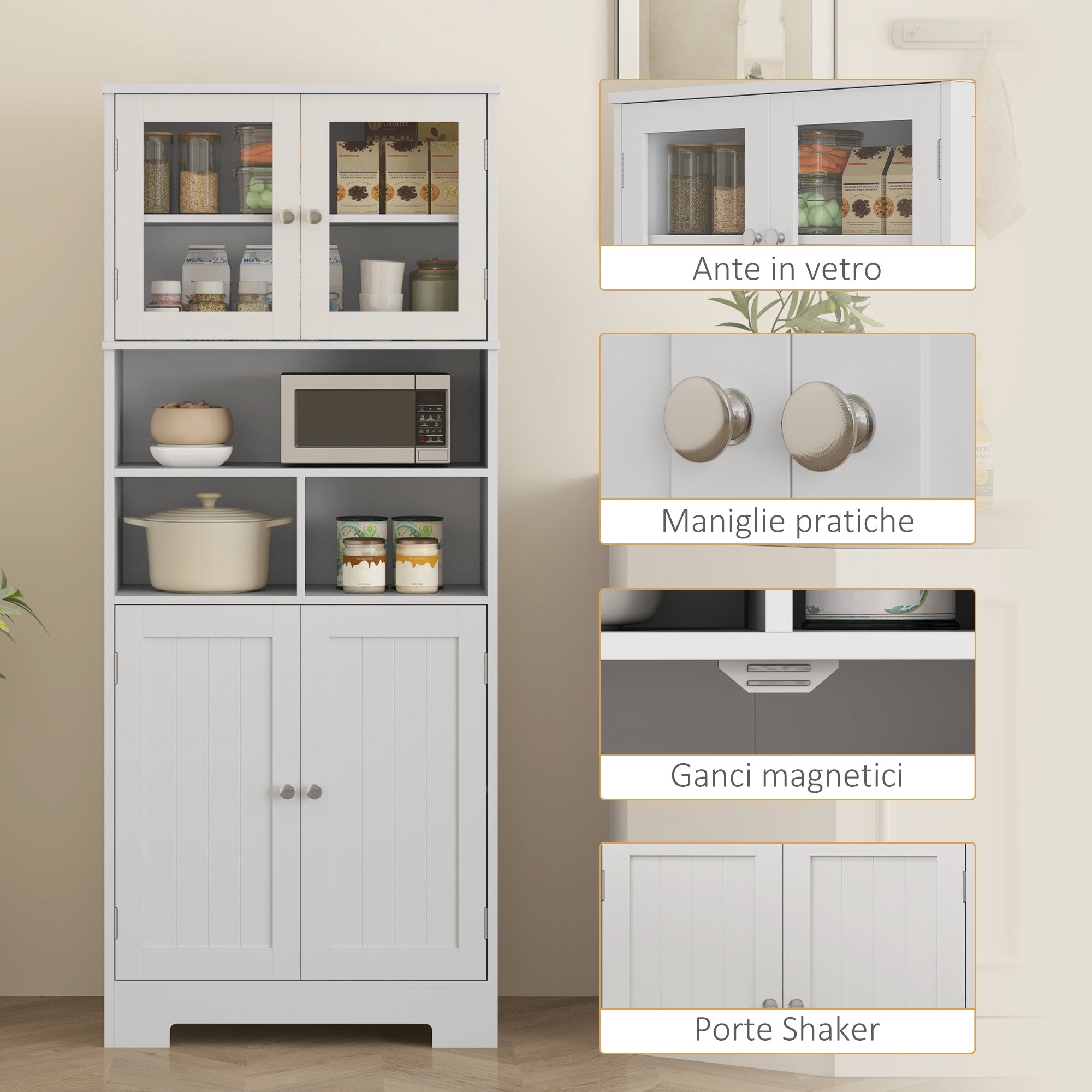 Kitchen Sideboard with 2 Cabinets and 3 Open Compartments, Glass Doors and Adjustable Shelves, 60x30x145.5 cm, White
