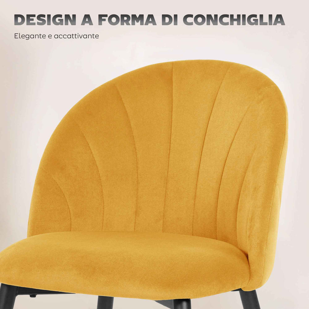 HOMCOM Set of 2 Velvet Shell-Back Dining Chairs, 52 x 55 x 79 cm, Yellow