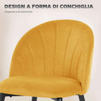 HOMCOM Set of 2 Velvet Shell-Back Dining Chairs, 52 x 55 x 79 cm, Yellow
