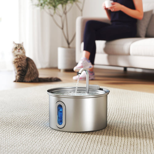 2.5L Cat Water Fountain with LED Light and 2 Flow Modes, Stainless Steel, 19.4x19.4x18.7 cm, Silve