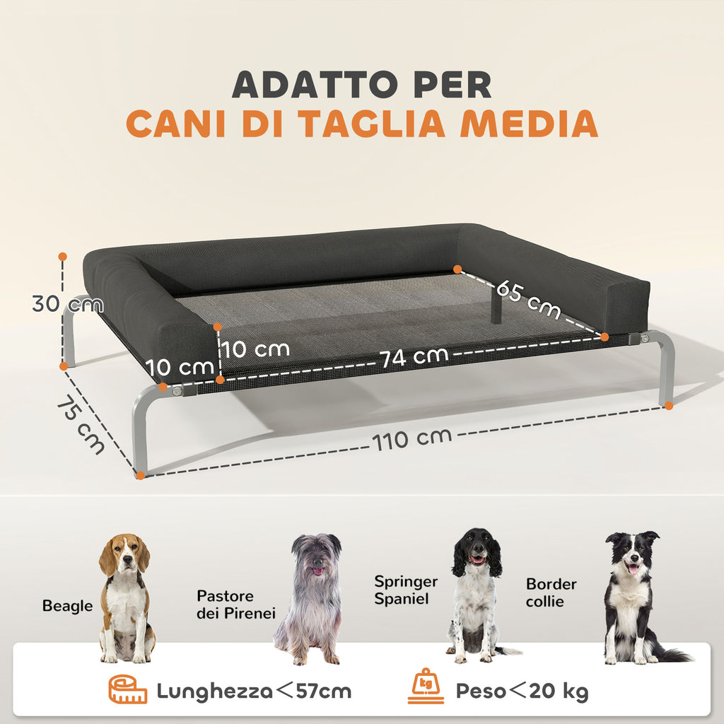 19.5cm Raised Dog Bed with U-Shaped Cushion, Polyester and Steel, 110x75x30cm, Black and Silver